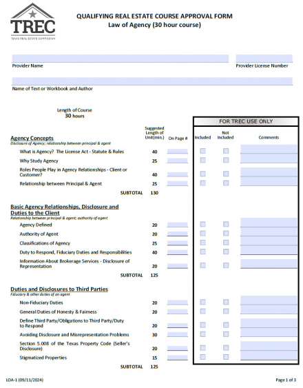 Qualifying Real Estate Course Approval Form (Law of Agency - 30 hour course)